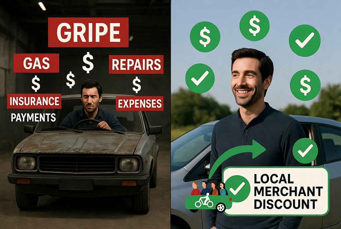 Before and after: Stressed driver trapped by GRIPE expenses vs. happy person who retired their car, joined ride sharing, and enjoys local merchant discounts