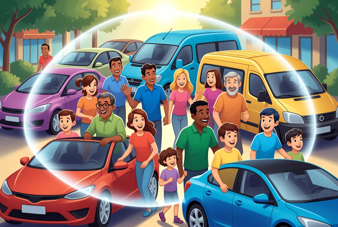 Diverse happy community sharing rides inside a glowing protective bubble in a vibrant neighborhood — Life in a Bubbl
